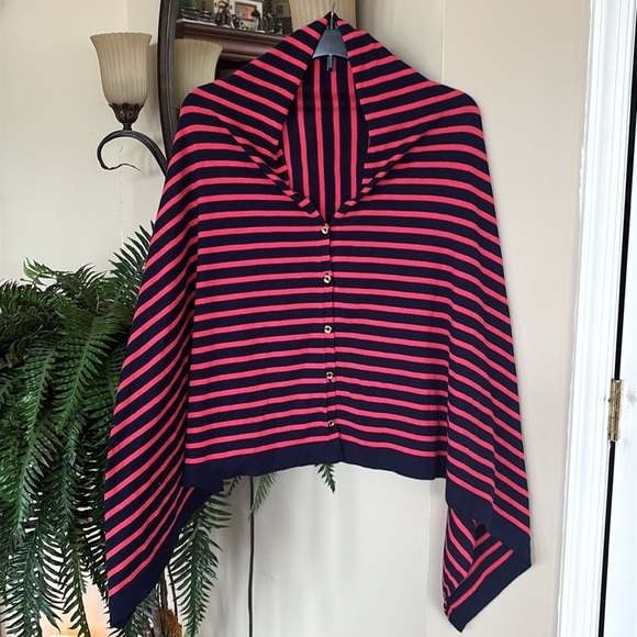Lilly Pulitzer Red & Blue Striped Button Down Poncho Cape Cardigan Shrug - Picture 4 of 15